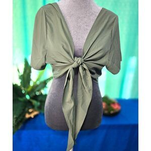 Shein Curve Olive Tie-Front Crop Top Plus Size 0XL Boho Short Sleeve